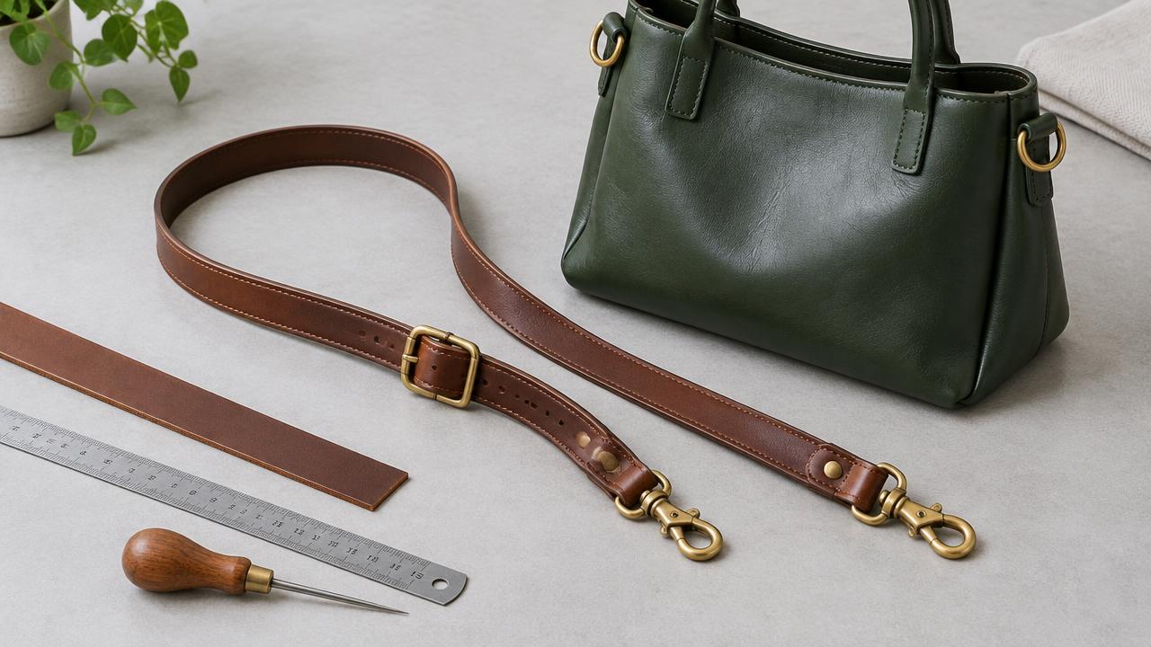 Brown leather replacement shoulder strap with brass buckle and swivel hooks beside a green handbag