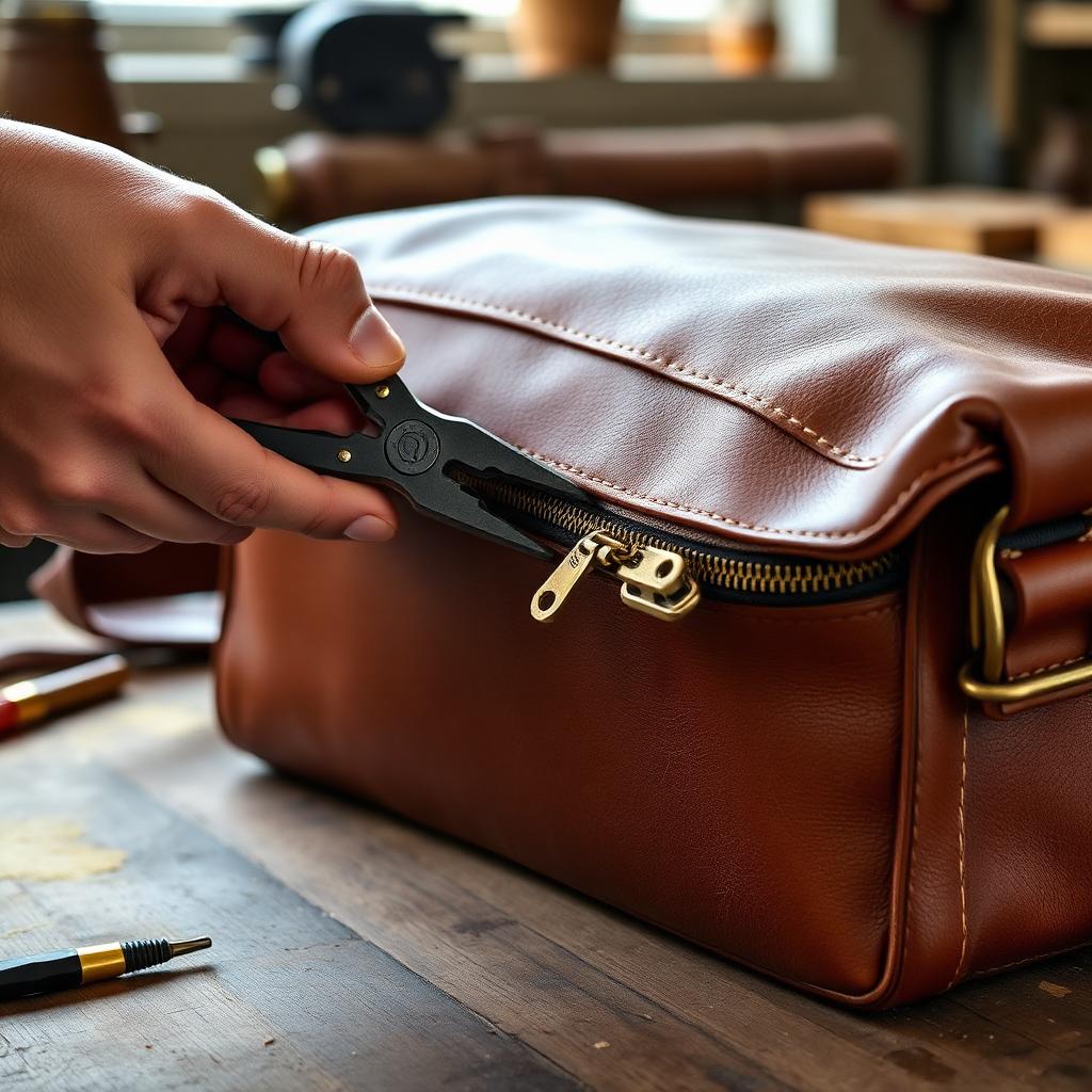 Hands using pliers to remove a broken brass zipper slider from a rich brown leather messenger bag on a workshop bench.