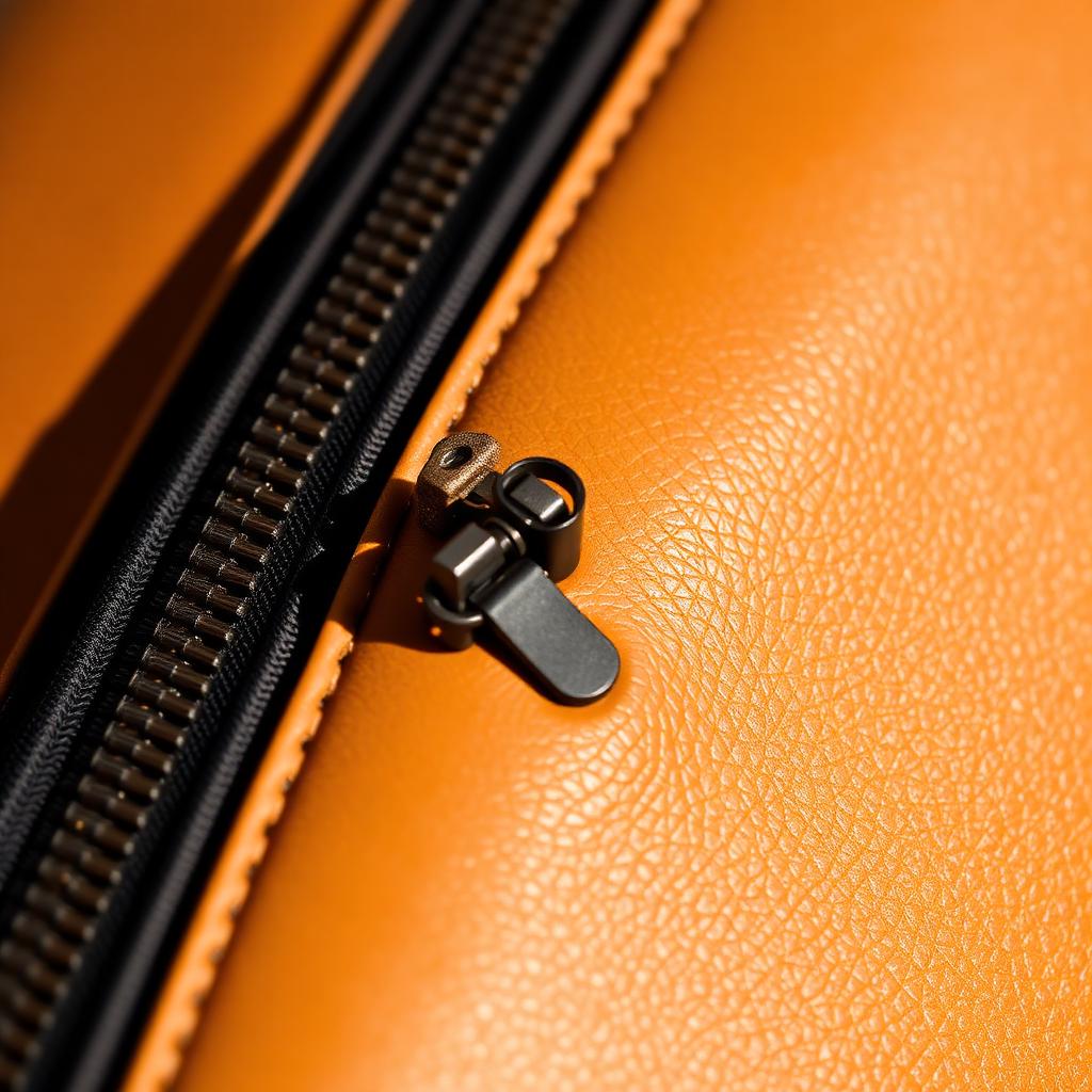 Close-up of a reverse coil zipper on a tan leather laptop bag with the smooth tape facing outward and coil hidden behind.