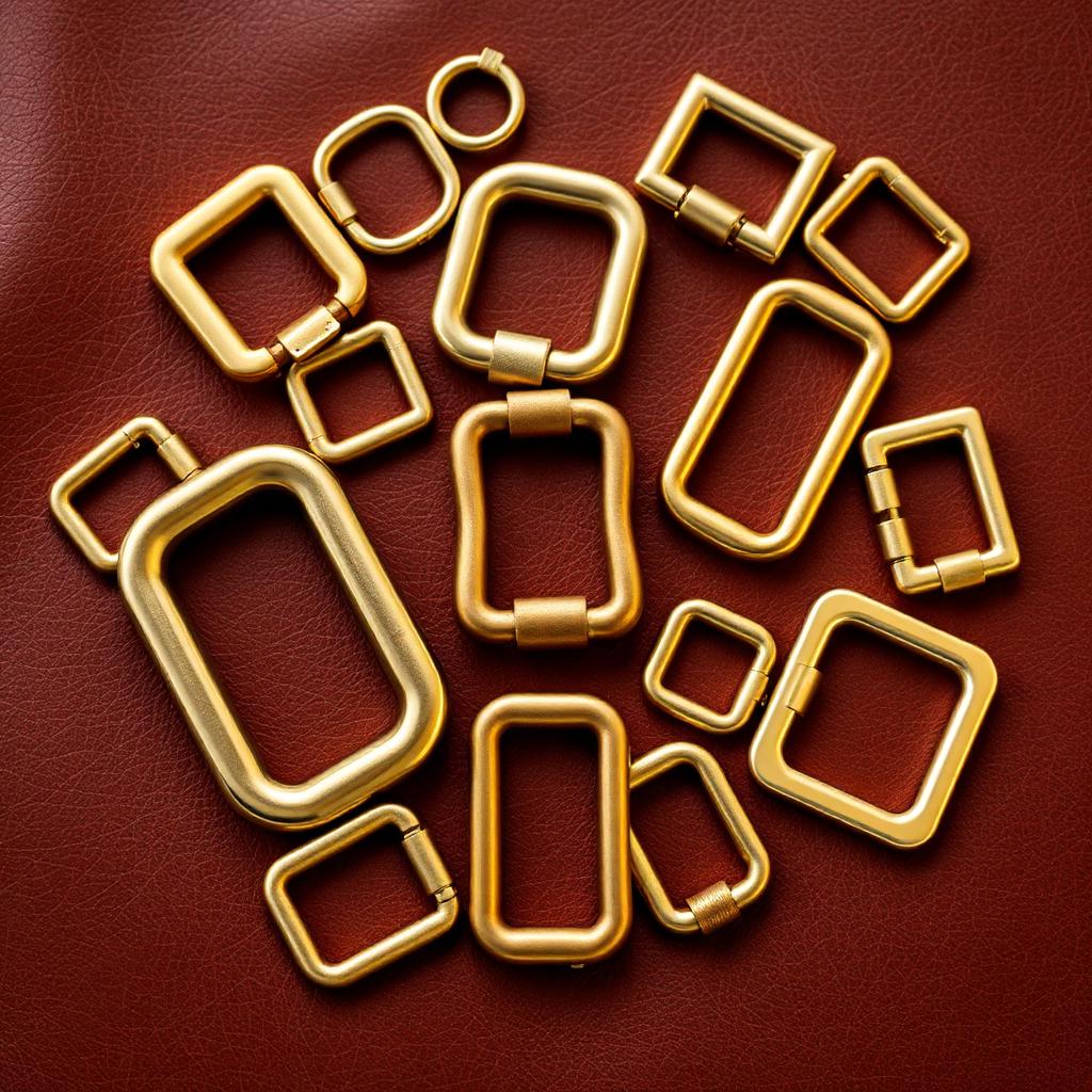 Overhead flat lay of solid brass D-rings, O-rings, and rectangle rings in multiple sizes on rich brown leather.