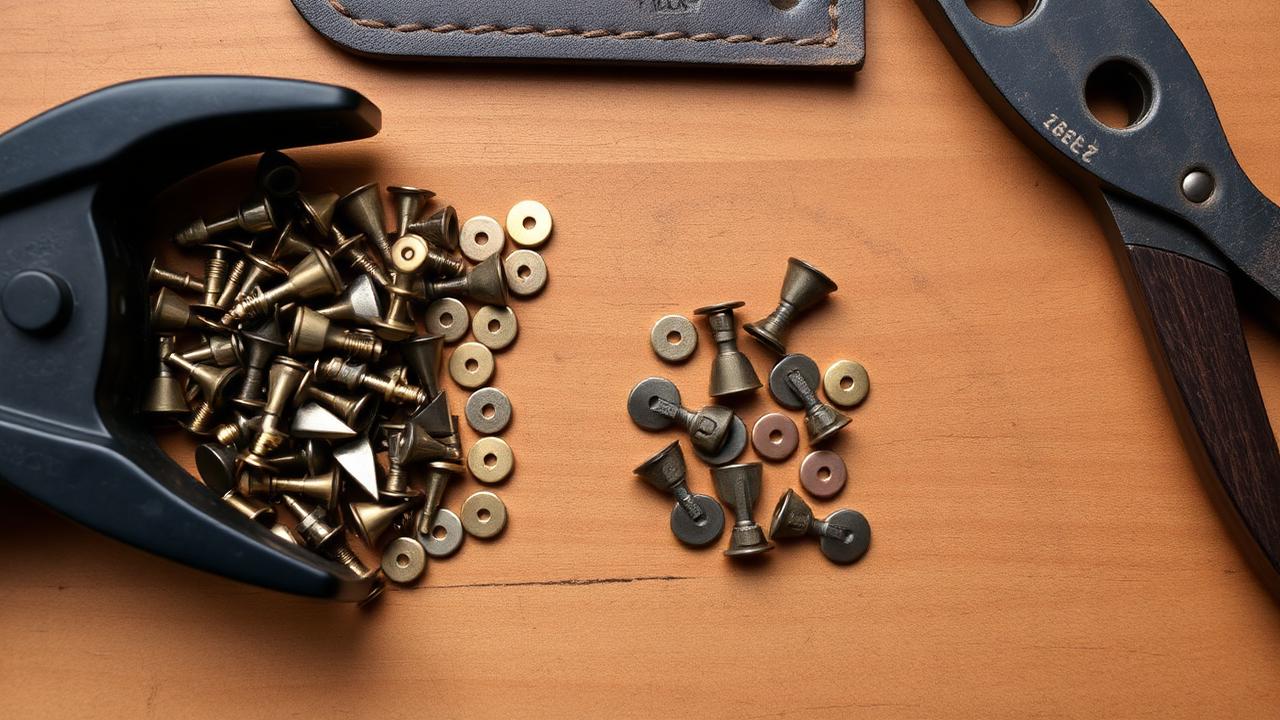 Assorted brass and antique double cap rivets next to a leather hole punch and rivet setter on a workbench.