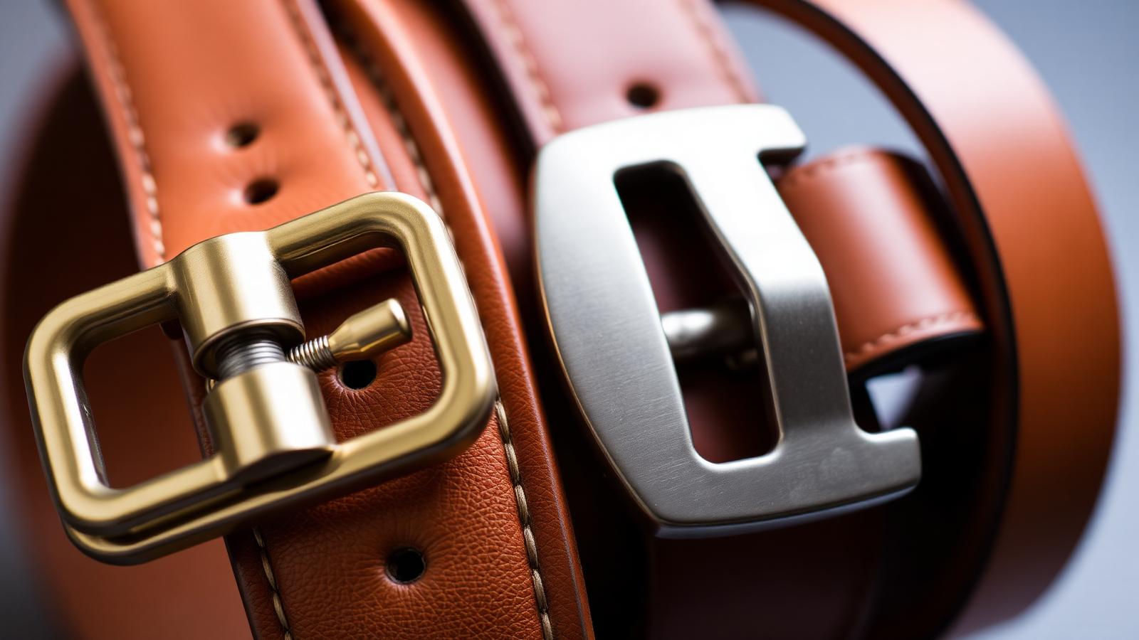 Solid brass roller buckle and brushed center bar buckle side by side on tan leather belt straps, studio still life.