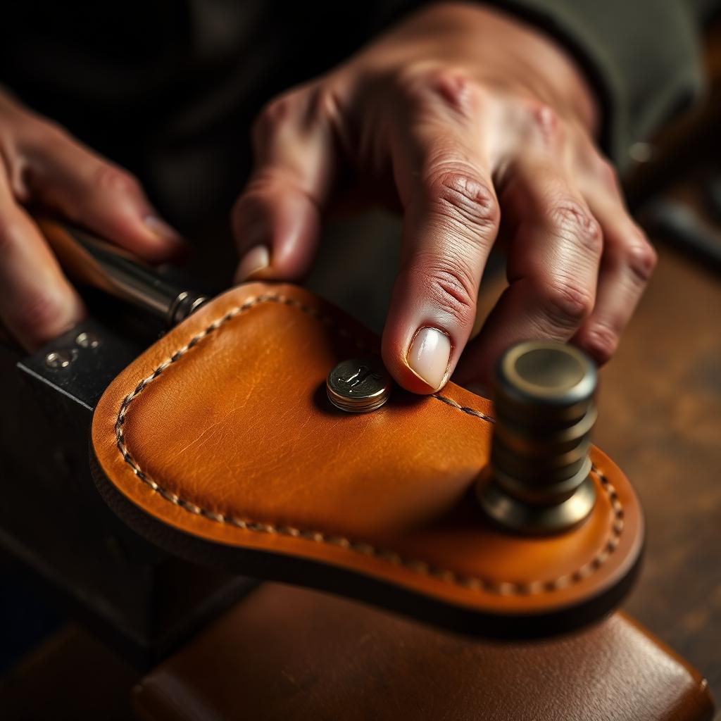 Leather worker setting a solid copper rivet by hand on tan vegetable-tanned leather with a small anvil and setter.