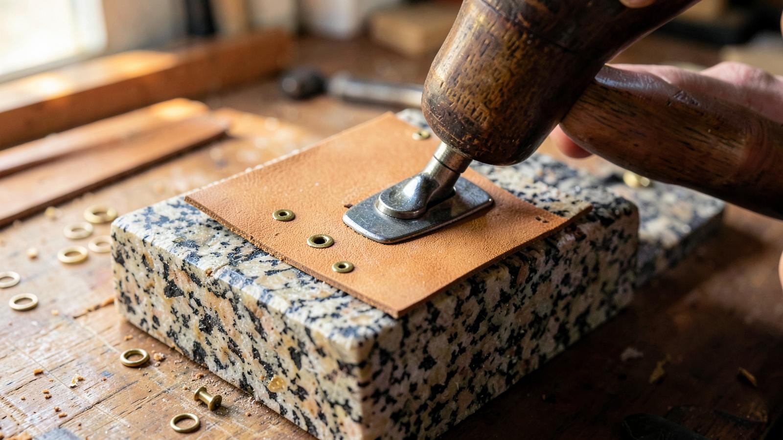 Brass eyelets being set into tan leather with a setting die and mallet on a granite block, loose grommets nearby.