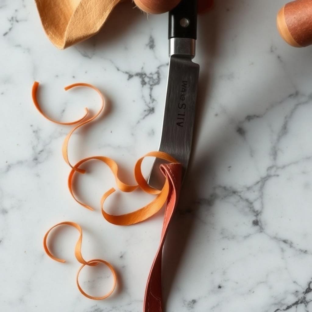 Japanese skiving knife slicing thin curls from a tan vegetable-tanned leather edge on a marble surface.