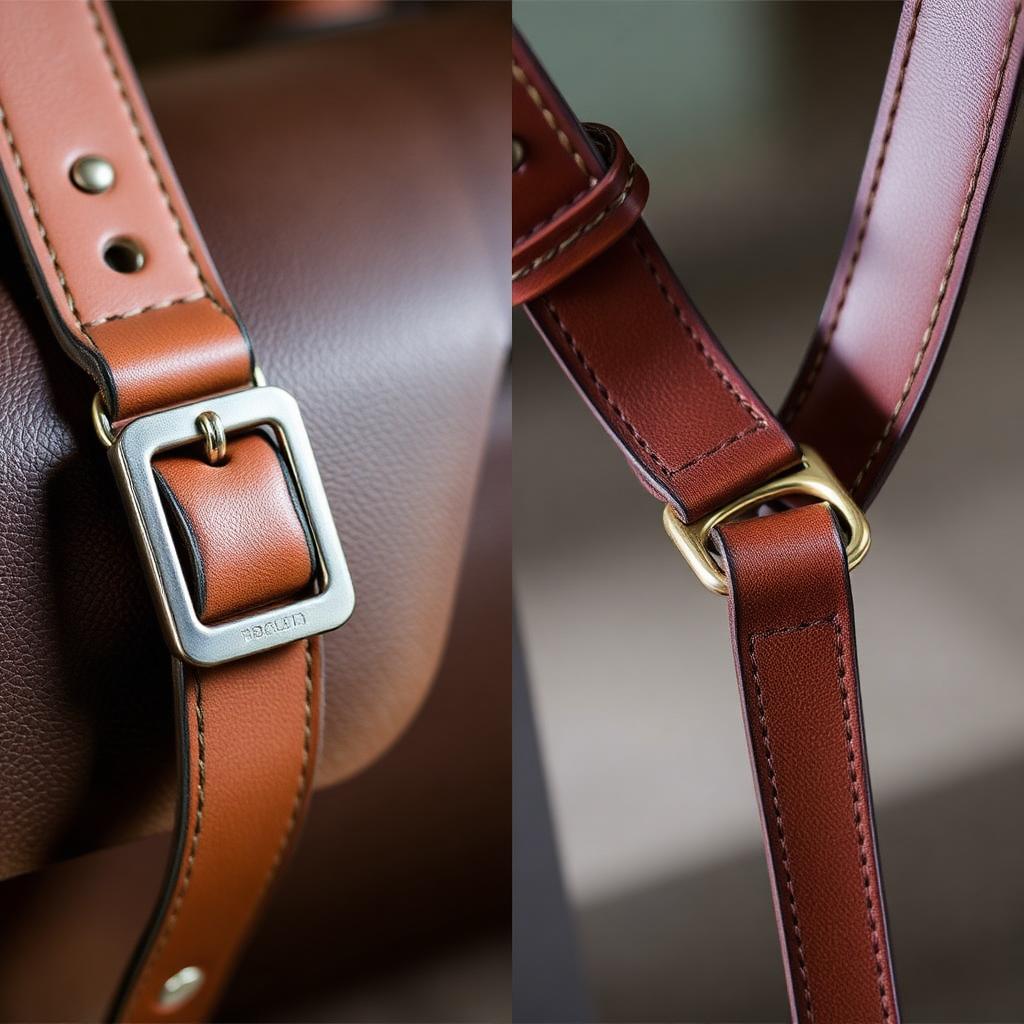 Slide buckle and roller buckle on adjustable leather bag straps compared side by side in natural light.