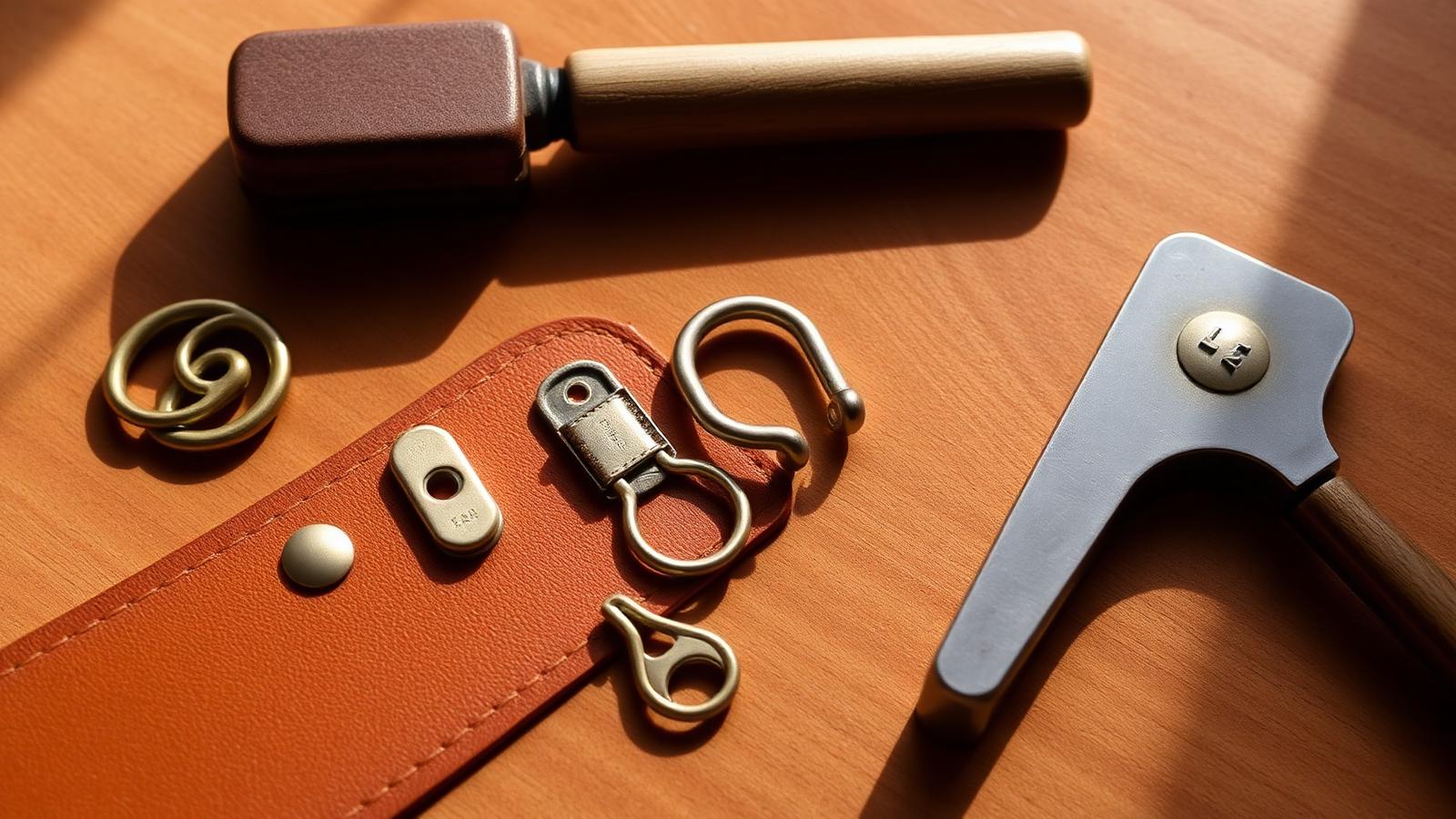 Brass spring snap fasteners and Line 24 cap snaps laid out on a tan leather strap with a hand setter and mallet on a wooden workbench.
