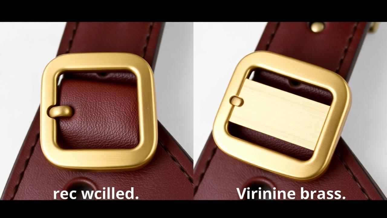 Recycled brass buckle next to virgin brass buckle on burgundy leather, side-by-side finish comparison.