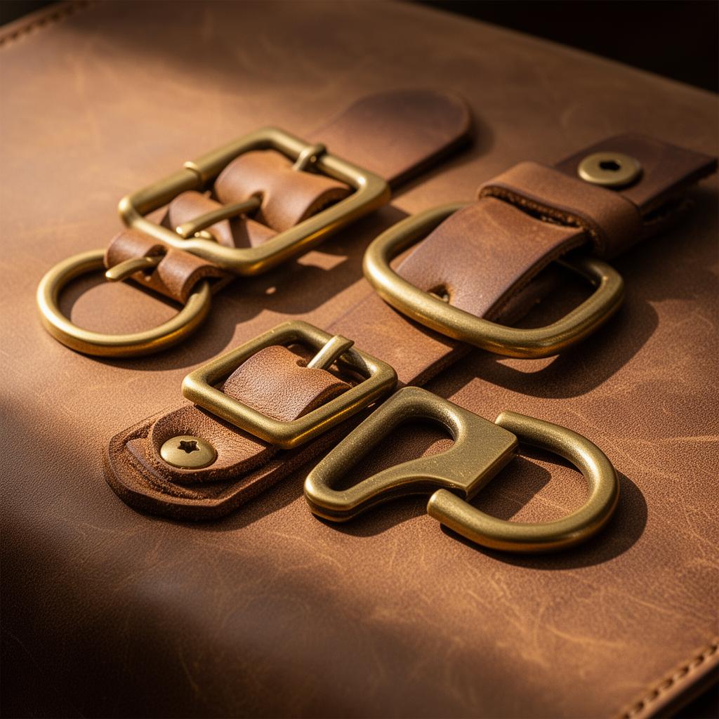 Recycled brass buckles and D-rings arranged on vegetable-tanned leather, warm editorial lighting.