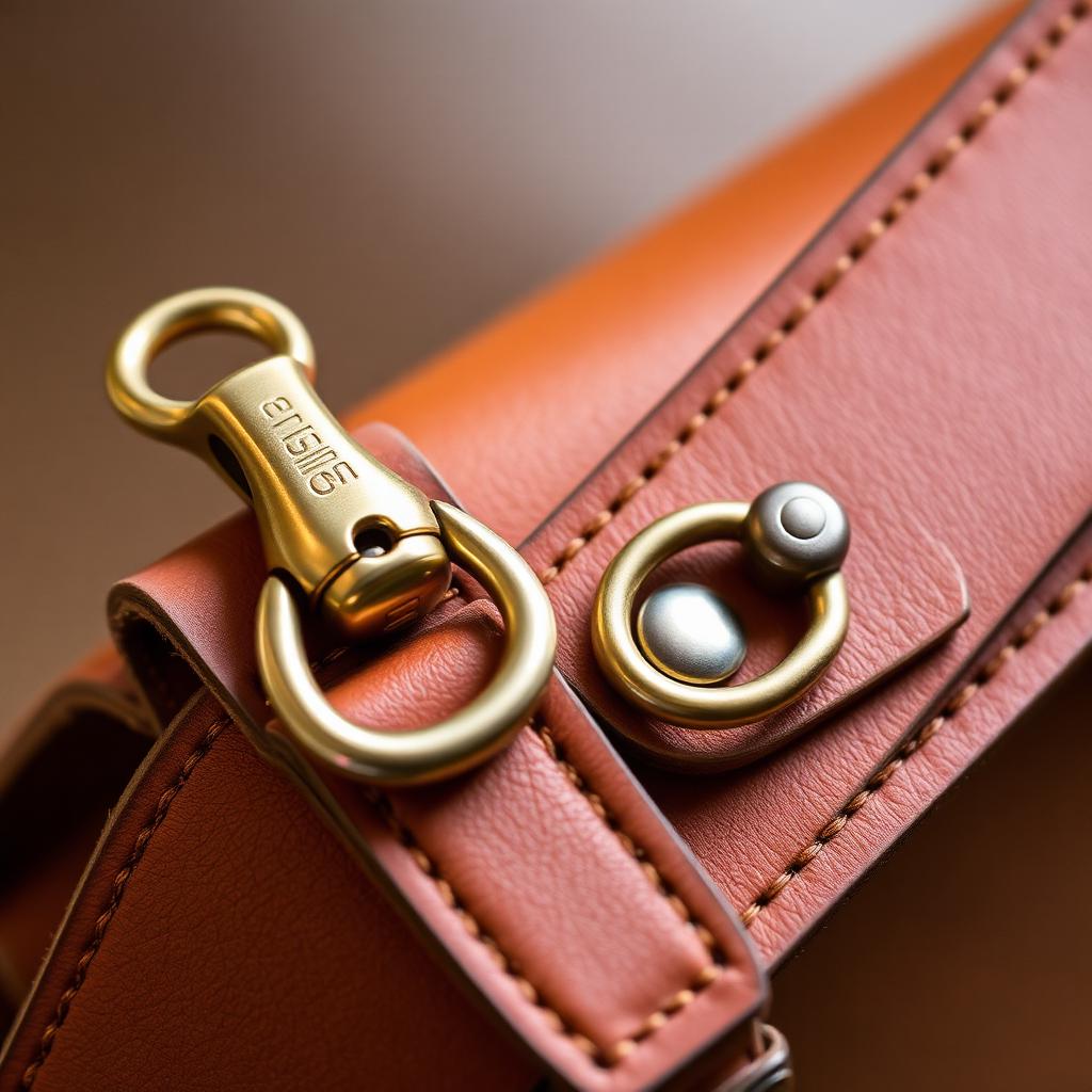 Solid brass swivel snap hook and trigger snap hook attached to tan leather bag straps in a macro detail shot.