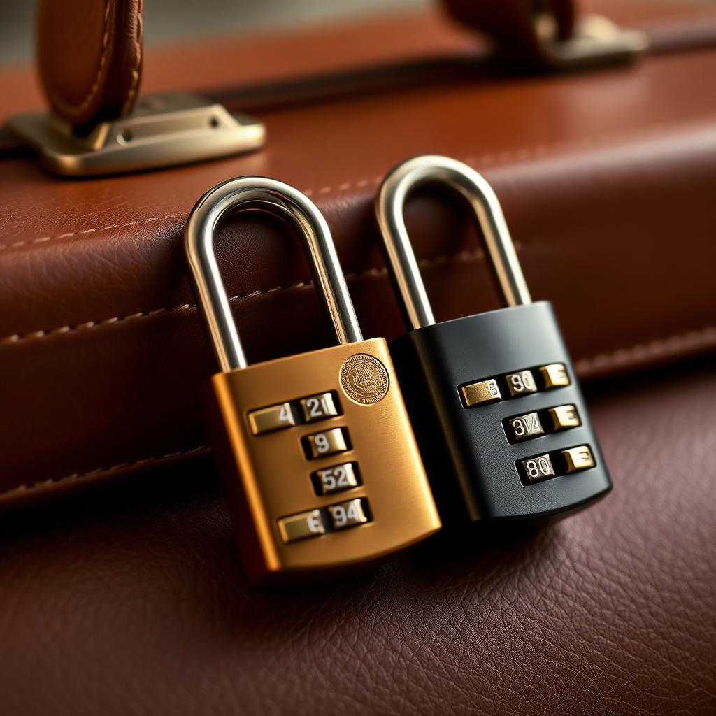 A polished brass TSA combination lock and a matte black TSA lock on a rich brown leather briefcase.