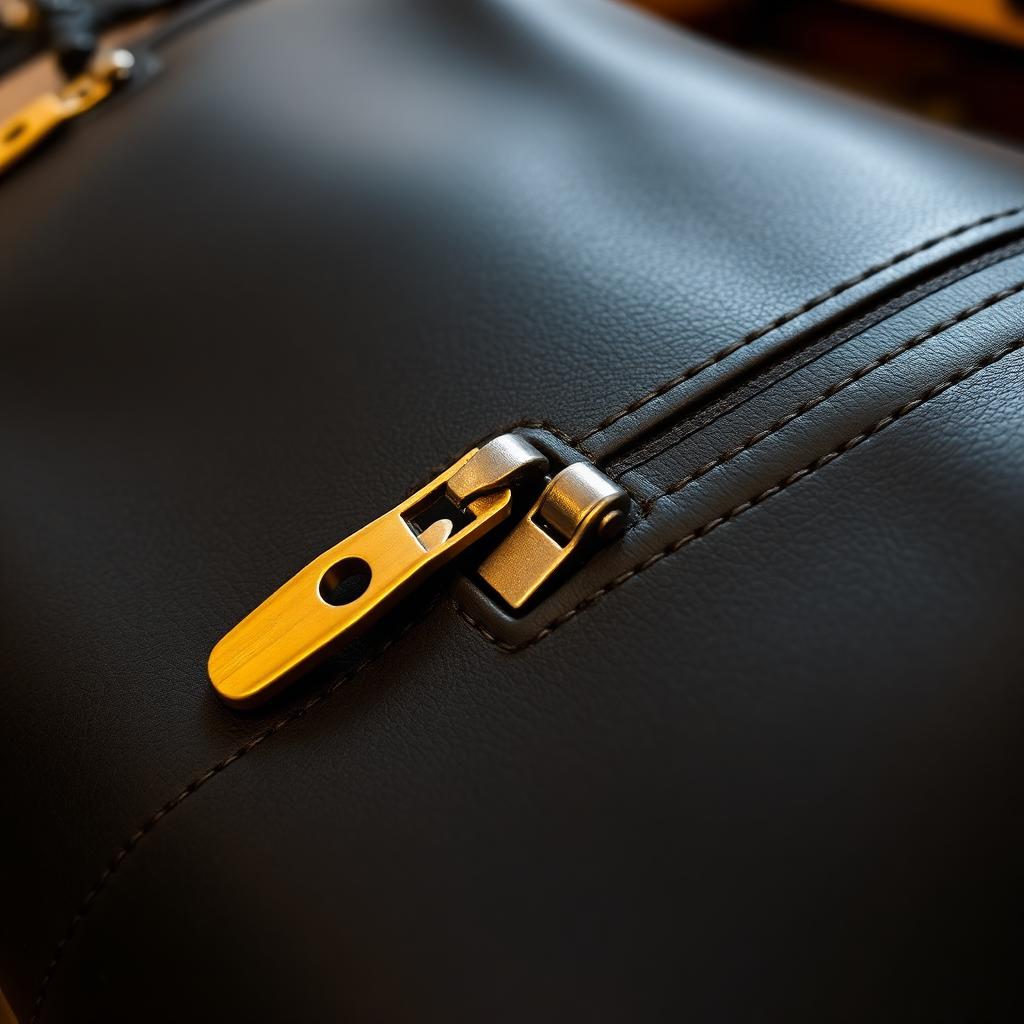 Two brass sliders meeting in the middle of a metal zipper on a black leather weekender duffel bag.