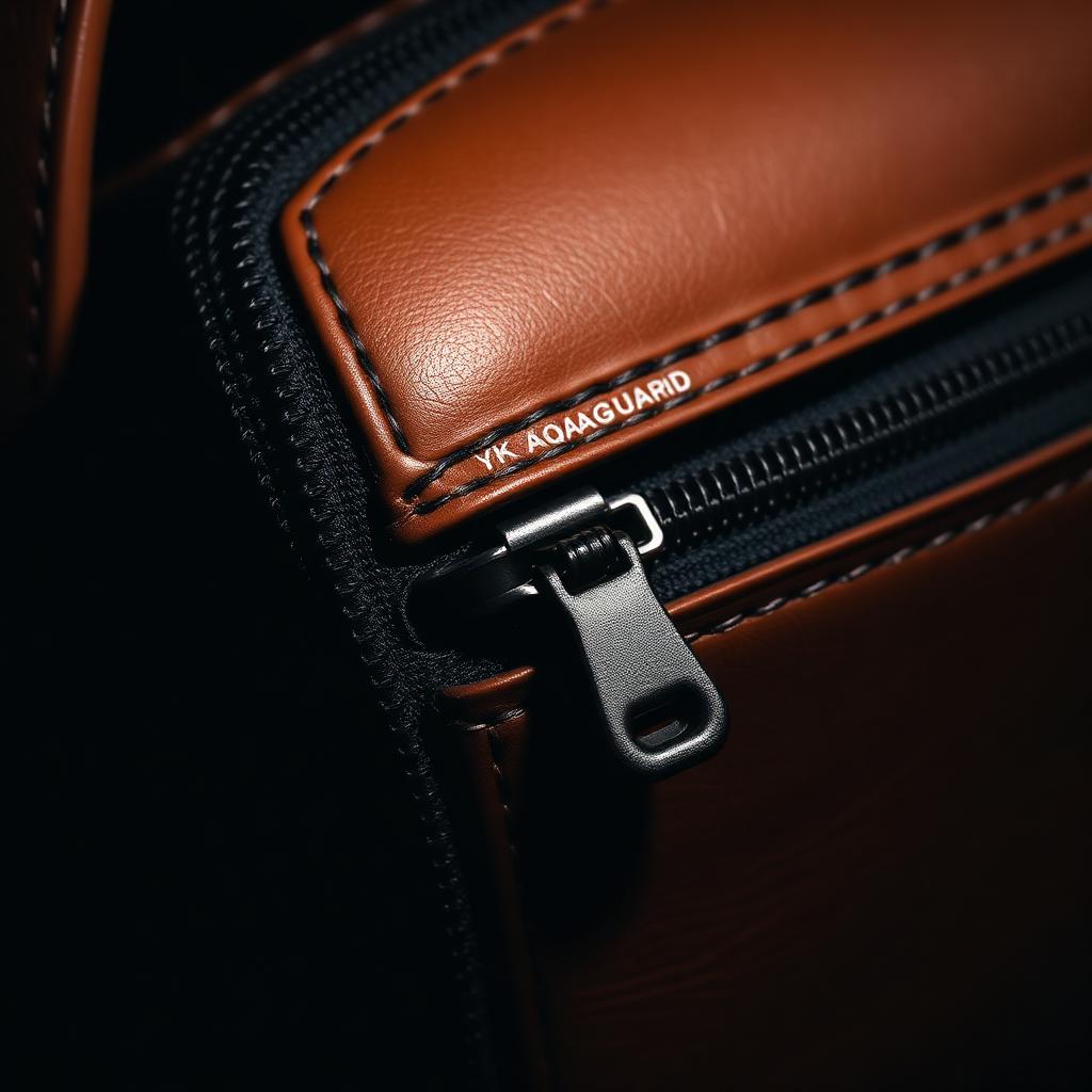 Close-up of a YKK Aquaguard waterproof zipper with black rubberized coating installed on a tan leather crossbody bag.