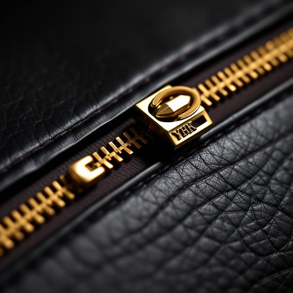 Macro close-up of a YKK EXCELLA polished brass zipper with faceted glossy teeth installed on a black leather briefcase, luxury editorial lighting.
