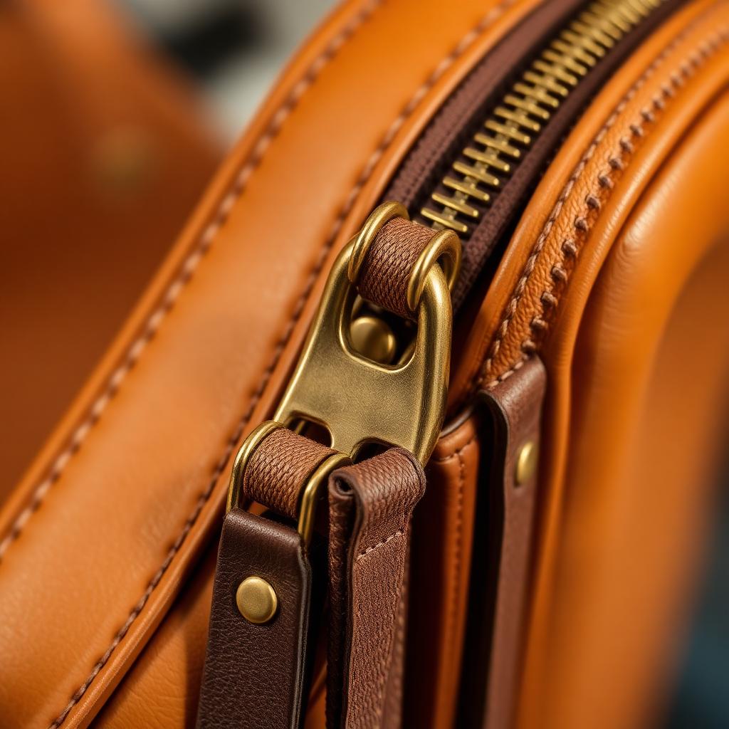 Custom brass zipper pull with a handmade leather fob attached to a metal slider on a tan leather crossbody bag, warm workshop lighting.