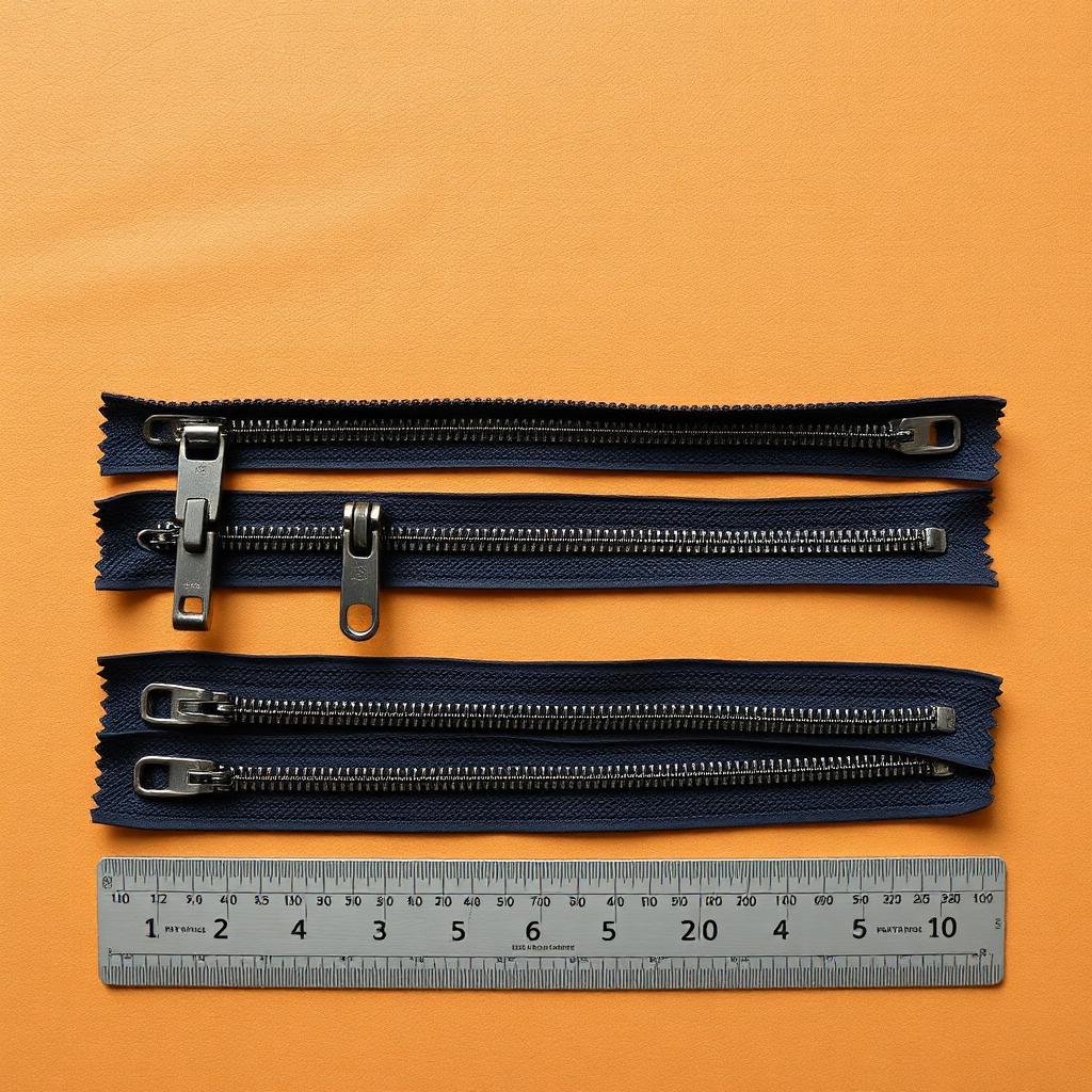 Flat lay of metal zippers in size 3, 5, 8, and 10 laid out on vegetable-tanned leather next to a metric ruler.