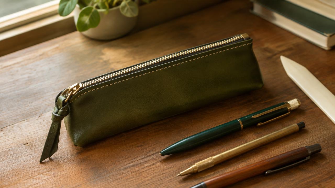 A handmade olive green leather zippered pouch with a brass number five zipper and leather pull, on a wooden desk with pens and a bone folder.