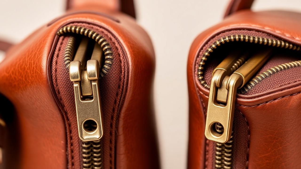 Coil and metal zipper tapes compared side by side on leather panels before stitching.