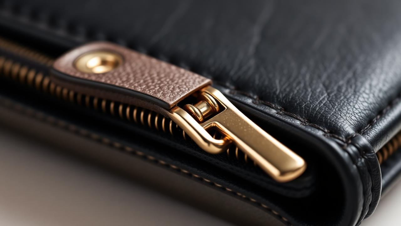 Close-up of a premium metal zipper with polished brass teeth and leather pull tab on a black leather wallet.